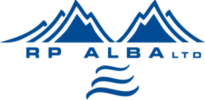 RP Alba Ltd logo. In the shape of a radiation warning trefoil there are 2 mountains seen in the background and a river in the foreground. This links the radiation protection aspects of the business with the environmental aspects.